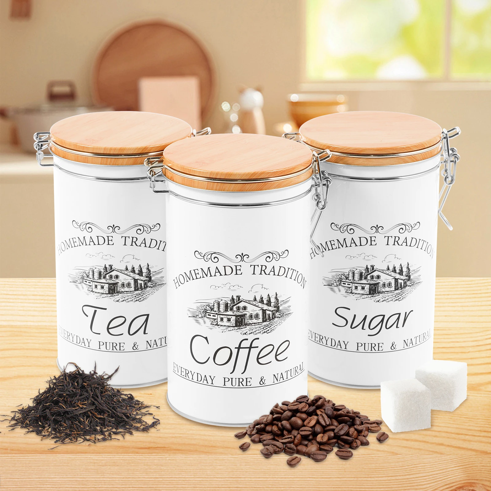 Food Storage Jar Set - 3Pcs/Set Tea Coffee Sugar Canisters Metal